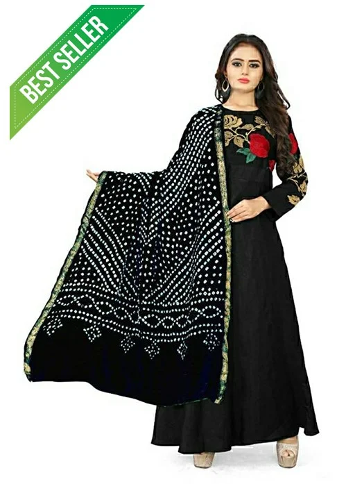 PK HUB PK MART women's BANDHANI SILK dupatta with BANDHEJ work Shine colour panna"40" and length 2.40 meter - FREE SIZE, Black