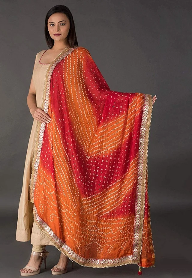 PK HUB PK MART Women's Jaipuri Art Silk Bandhej Rajasthani Bandhani Dupatta with Gota patti border - FREE SIZE, Multicolor