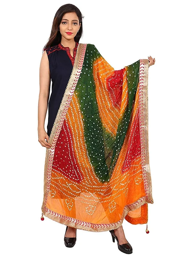PK HUB PK MART Women's Jaipuri Art Silk Bandhej Rajasthani Bandhani Dupatta with Gota patti border - FREE SIZE, Multicolor