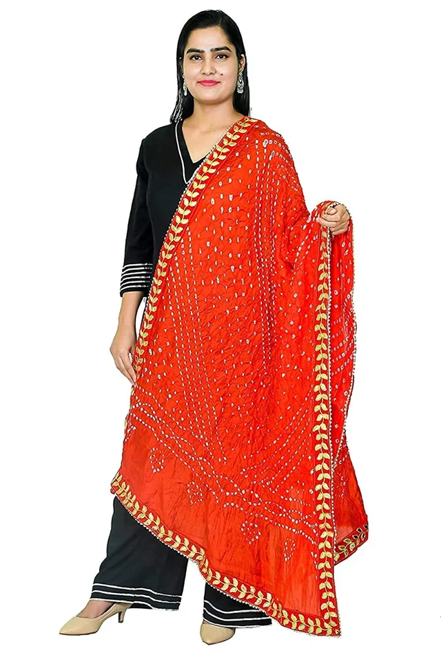 PK HUB PK MART Women's Jaipuri Art Silk Bandhej Rajasthani Bandhani Dupatta with Velvat border - FREE SIZE, Red
