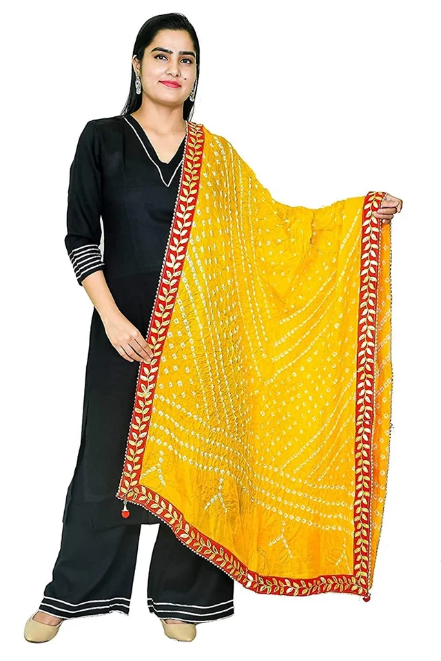 PK HUB PK MART Women's Jaipuri Art Silk Bandhej Rajasthani Bandhani Dupatta with Velvat border - FREE SIZE, Yellow