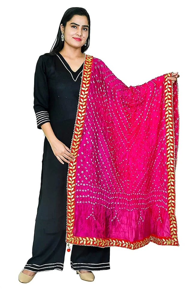 PK HUB PK MART Women's Jaipuri Art Silk Bandhej Rajasthani Bandhani Dupatta with Velvat border - FREE SIZE, Pink