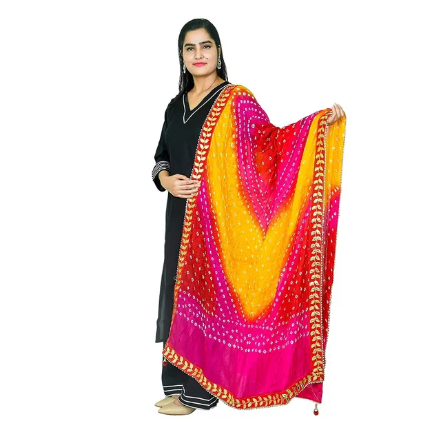 PK HUB PK MART Women's Jaipuri Art Silk Bandhej Rajasthani Bandhani Dupatta with Velvat border - FREE SIZE, Multicolor
