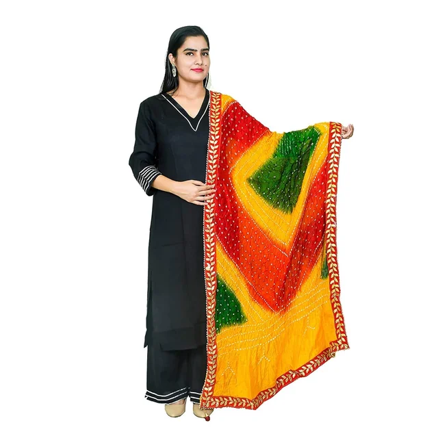 PK HUB PK MART Women's Jaipuri Art Silk Bandhej Rajasthani Bandhani Dupatta with Velvat border - FREE SIZE, Multicolor