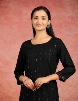 PK MART Women Embroidered Straight Kurta, Rayon Embroidered Straight Kurtis for Women and Girls - M, Black