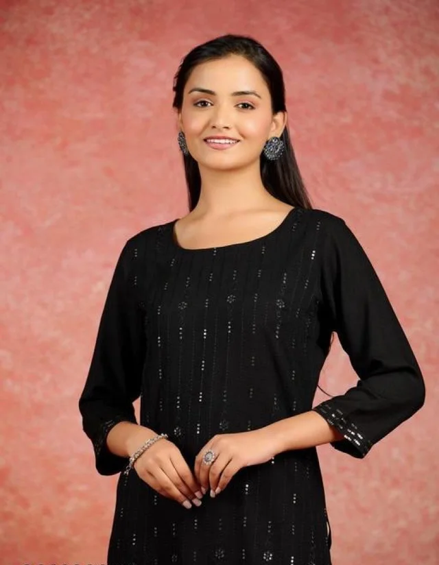 PK MART Women Embroidered Straight Kurta, Rayon Embroidered Straight Kurtis for Women and Girls - M, Black