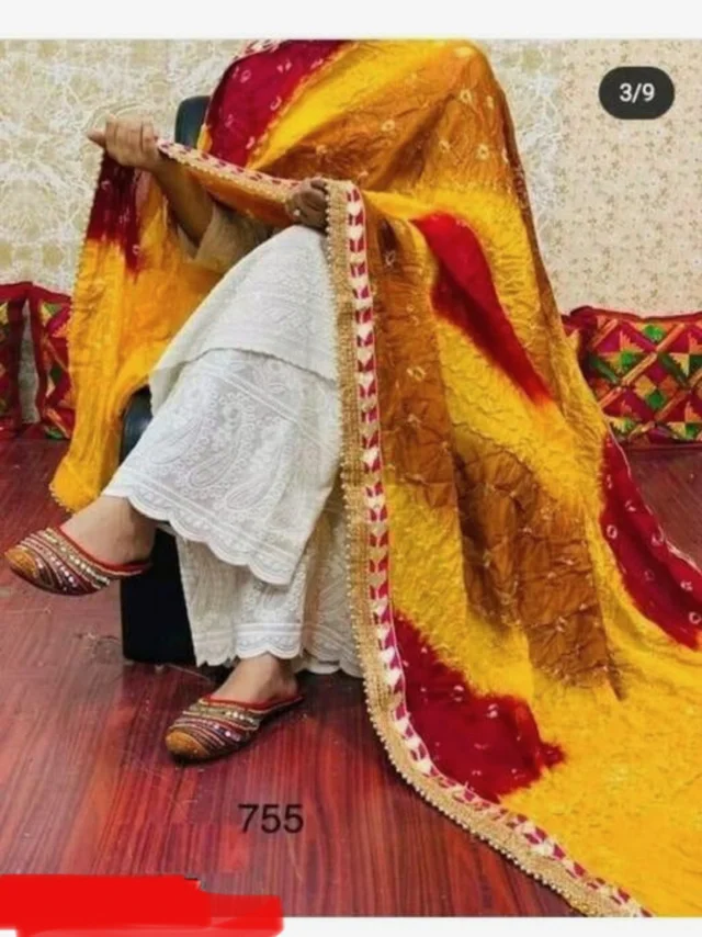 PK MART Women's Silk Jaipuri Rajasthani Bandhani Bandhej Heavy Dupatta with Gota Work and Latkan - Free Size, Multicolor