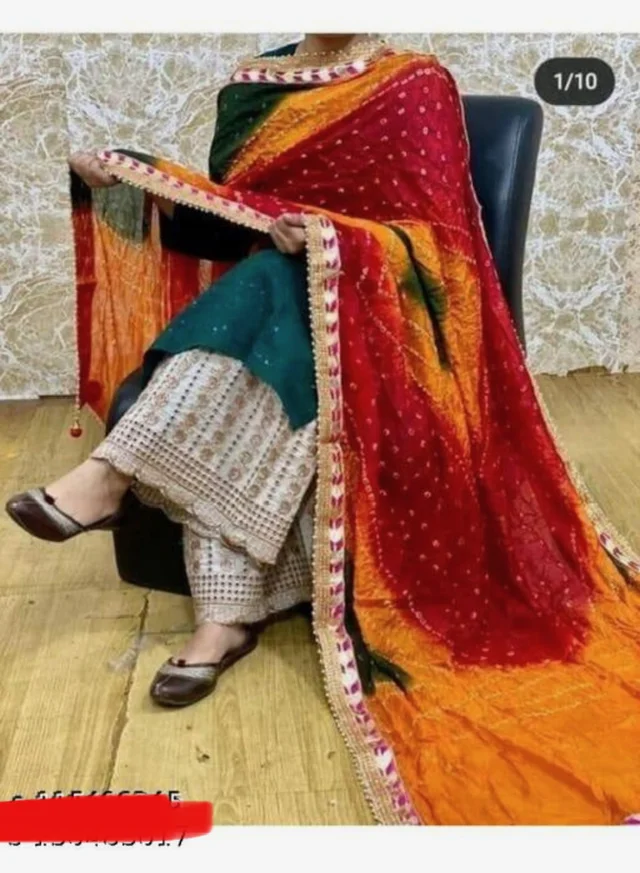 PK MART Women's Silk Jaipuri Rajasthani Bandhani Bandhej Heavy Dupatta with Gota Work and Latkan - Free Size, Multicolor