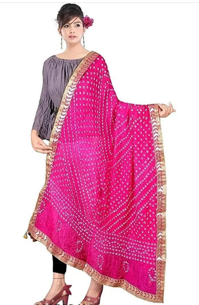 PK MART Women's Silk Jaipuri Rajasthani Bandhani Bandhej Heavy Dupatta with Gota Work and Latkan - Free Size, Pink
