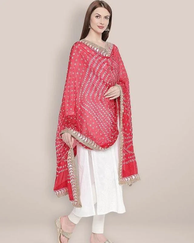 PK MART Women's Silk Jaipuri Rajasthani Bandhani Bandhej Heavy Dupatta with Gota Work and Latkan - Free Size, Red