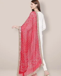 PK MART Women's Silk Jaipuri Rajasthani Bandhani Bandhej Heavy Dupatta with Gota Work and Latkan - Free Size, Red