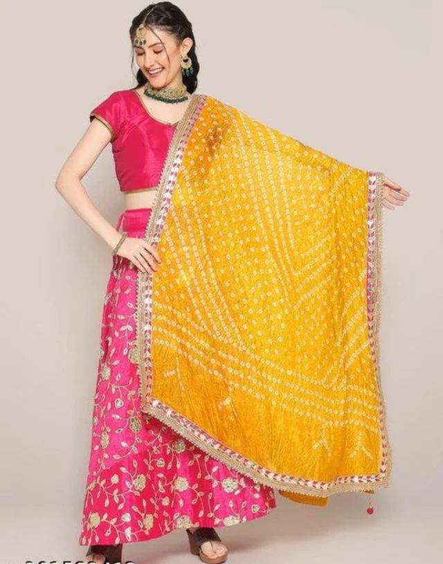 PK MART Women's Silk Jaipuri Rajasthani Bandhani Bandhej Heavy Dupatta with Gota Work and Latkan - Free Size, Yellow