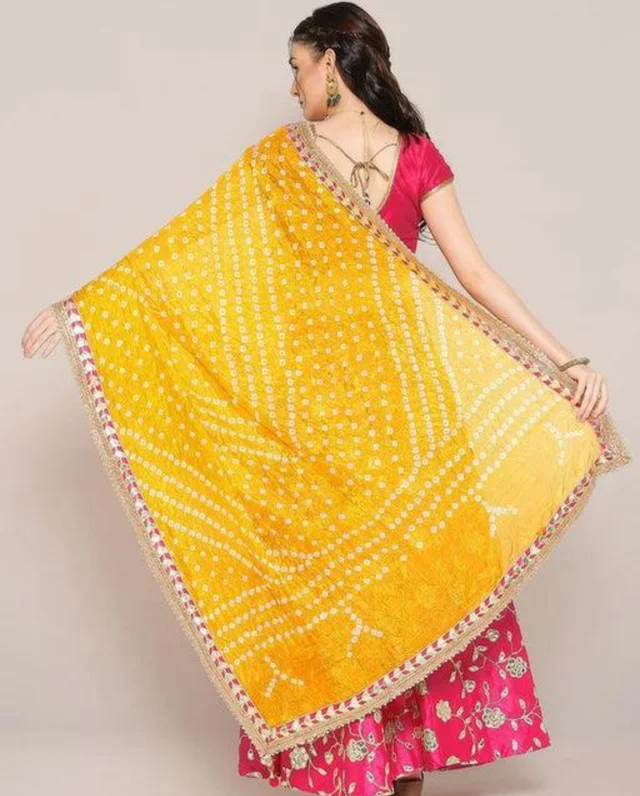 PK MART Women's Silk Jaipuri Rajasthani Bandhani Bandhej Heavy Dupatta with Gota Work and Latkan - Free Size, Yellow