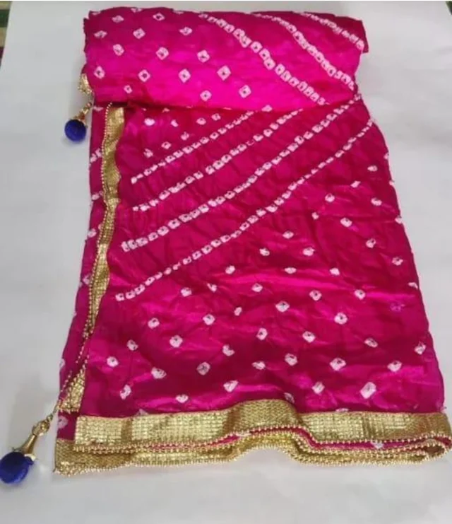 PK MART Women's Silk Jaipuri Rajasthani Bandhani Bandhej Giliter border Dupatta - Free Size, Pink