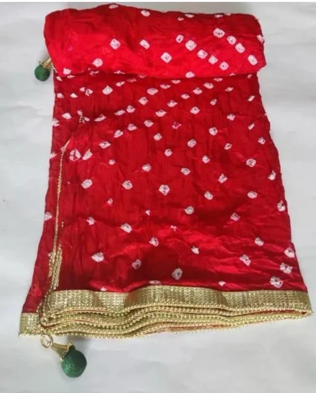 PK MART Women's Silk Jaipuri Rajasthani Bandhani Bandhej Giliter border Dupatta - Free Size, Red