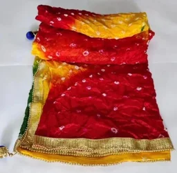 PK MART Women's Silk Jaipuri Rajasthani Bandhani Bandhej Giliter border Dupatta - Free Size, Multicolor