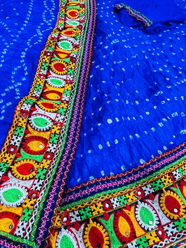 PK MART® Women's Art Silk Rajasthani Bandhej Stitched Ready to Wear Lehenga Choli with Dupatta Set - Free Size, Blue