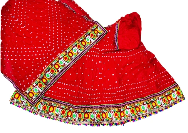 PK MART® Women's Art Silk Rajasthani Bandhej Stitched Ready to Wear Lehenga Choli with Dupatta Set - Free Size, Red