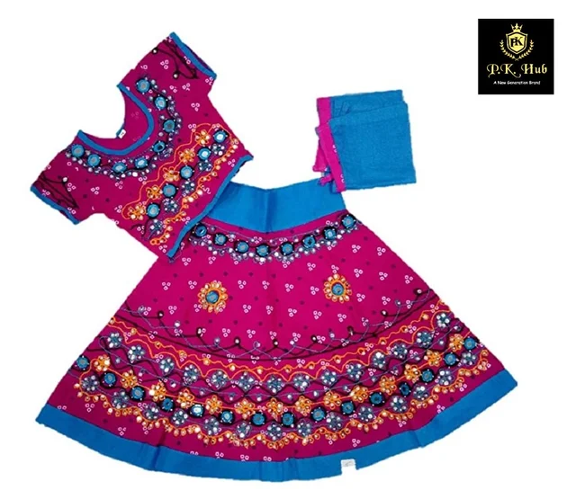Traditional Navratri Garba Special Cotton Chaniya Choli With Embroidered Mirror Work With Dupatta For Kids Girl's - 2Y - 3Y