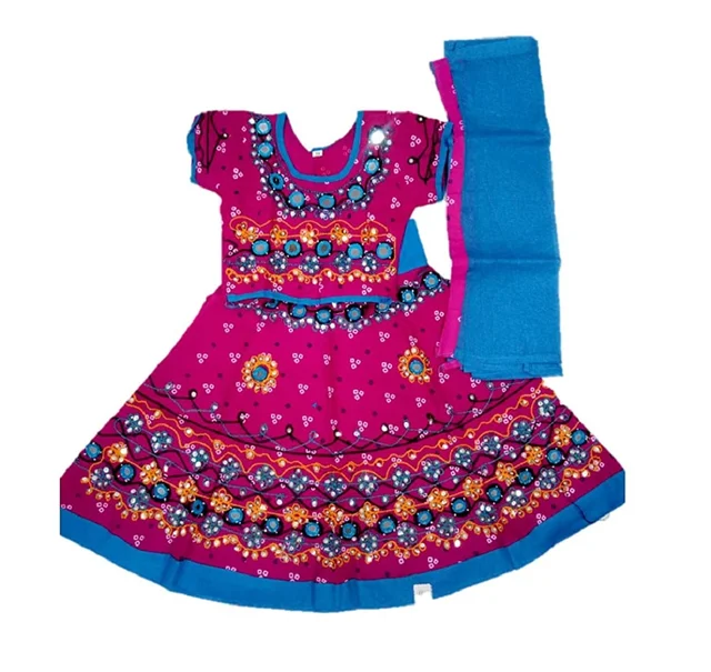 Traditional Navratri Garba Special Cotton Chaniya Choli With Embroidered Mirror Work With Dupatta For Kids Girl's - 2Y - 3Y