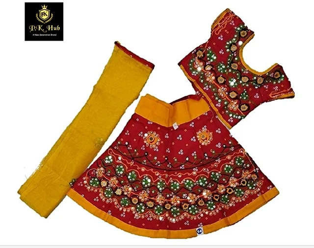 Traditional Navratri Garba Special Cotton Chaniya Choli With Embroidered Mirror Work With Dupatta For Kids Girl's - 3Y - 4Y