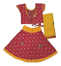 Traditional Navratri Garba Special Cotton Chaniya Choli With Embroidered Mirror Work With Dupatta For Kids Girl's - 3Y - 4Y