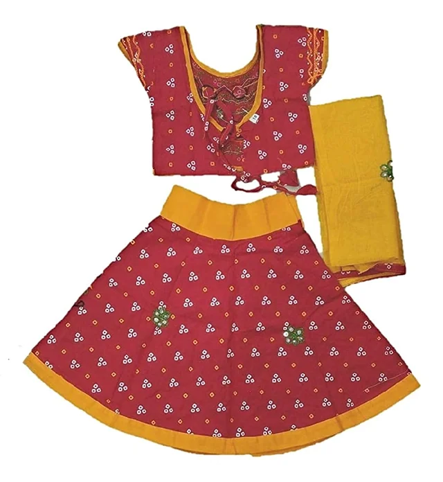 Traditional Navratri Garba Special Cotton Chaniya Choli With Embroidered Mirror Work With Dupatta For Kids Girl's - 3Y - 4Y