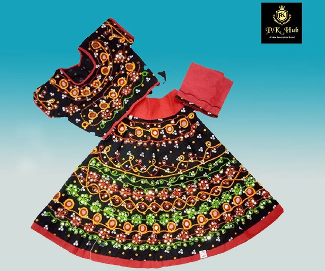 Traditional Navratri Garba Special Cotton Chaniya Choli With Embroidered Mirror Work With Dupatta For Kids Girl's - 2Y - 3Y