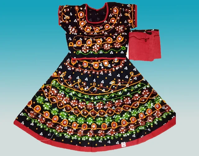 Traditional Navratri Garba Special Cotton Chaniya Choli With Embroidered Mirror Work With Dupatta For Kids Girl's - 2Y - 3Y