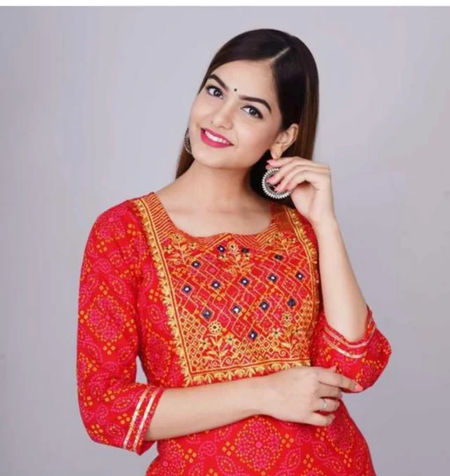 N-KARWACOTH-L Women Rayon Straight Golden Foil Printed Kurta with Palazzo || Kurti with Palazzo Set for Casual Party & Festival Wear in Round Neck with 3/4 Sleeve for Girls - L, Red