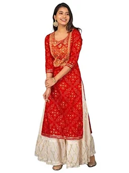 N-KARWACOTH-L Women Rayon Straight Golden Foil Printed Kurta with Palazzo || Kurti with Palazzo Set for Casual Party & Festival Wear in Round Neck with 3/4 Sleeve for Girls - L, Red