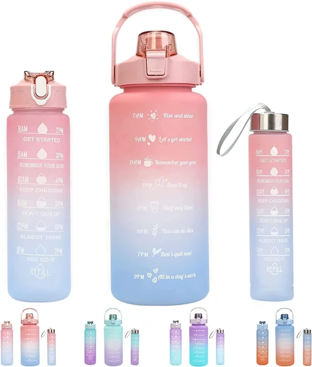 Water Bottle 3 Pcs Set with Unbreakable silicon Motivational Time Marker with Straw Leakproof BPA free Non-toxic Fitness Sports Water Bottle for Office Sports Gym 2000ML 900ML 300ML