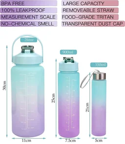 Water Bottle 3 Pcs Set with Unbreakable silicon Motivational Time Marker with Straw Leakproof BPA free Non-toxic Fitness Sports Water Bottle for Office Sports Gym 2000ML 900ML 300ML