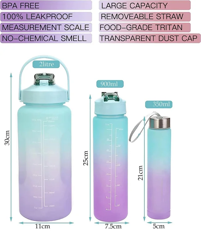 Water Bottle 3 Pcs Set with Unbreakable silicon Motivational Time Marker with Straw Leakproof BPA free Non-toxic Fitness Sports Water Bottle for Office Sports Gym 2000ML 900ML 300ML