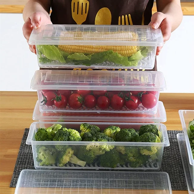 6 Pcs Plastic Storage Boxes fridge organizers box for kitchen with removable drain plate and airtight lid fridge storage box containers for vegetables - Transparent (Fish Basket)(2)
