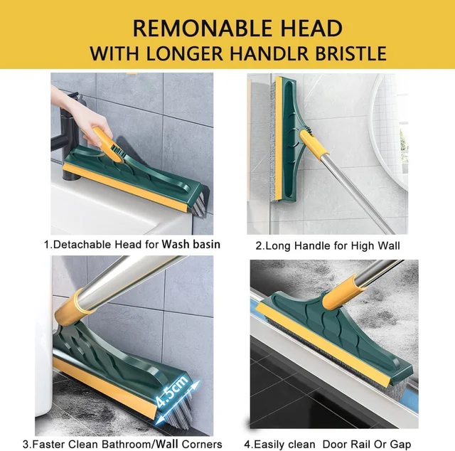 Cleaning Brush with Wiper + Bottle Cleaner Brush 2 in1 Floor Cleaner Long Handle Home Kitchen Bathroom Toilet Cleaning Accessories