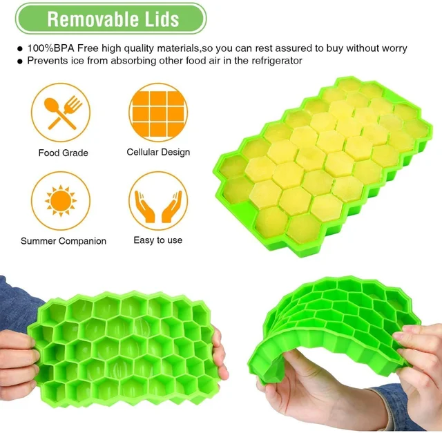  Flexible Silicone Honeycomb 37 Cavity Ice Cube Tray for Freezer Moulds Small Cubes Whiskey Fridge Bar Soft Ice Cube Tray -Pack of 1 Multicolor