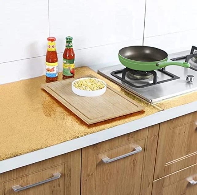 Kitchen Shelf Sheet roll, Kitchen Anti Oil Waterproof Sticker, Marble Wallpaper for Walls self Adhesive Kitchen Sheet roll, Vinyl Wallpaper for Walls (2 M Golden Curly