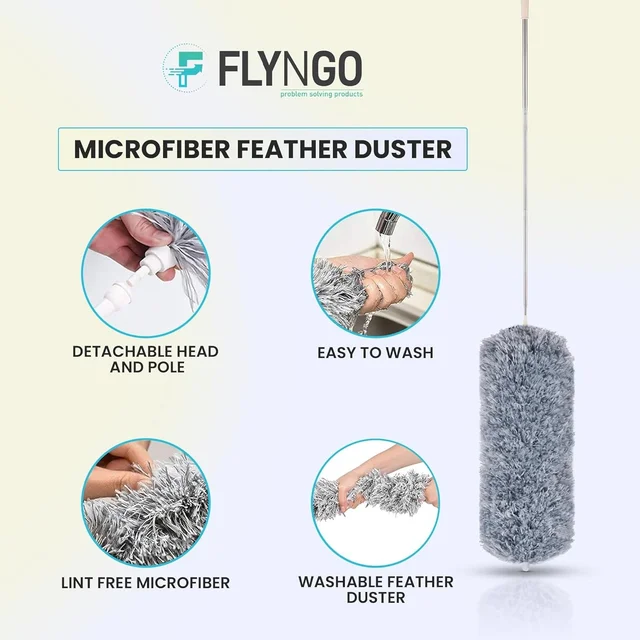 Microfiber Feather Duster Bendable & Extendable Fan Cleaning Duster with 100 inches Expandable Pole Handle Washable Duster for High Ceiling Fans, Window Blinds, Furniture (Grey)