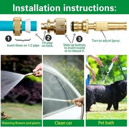 Water Spray Nozzle Suitable for 1/2" Hose Pipe Adjustable Brass Spray Nozzle Water Pressure Booster Brass Nozzle Water Spray Gun for Car Wash & Gardening Water Pressure Nozzle