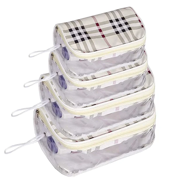 Set of 4 Multipurpose Transparent Travel Pouch Makeup Toiletry Kit Bag Pouch for Women Makeup Organizer Bag Vanity, Shaving Kit Toiletry Bag for Men -(White Checks -2) (Off White Checks )