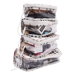 Set of 4 Multipurpose Transparent Travel Pouch Makeup Toiletry Kit Bag Pouch for Women Makeup Organizer Bag Vanity, Shaving Kit Toiletry Bag for Men -(White Checks -2) (Off White Checks )