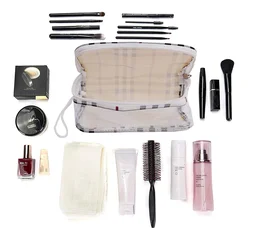Set of 4 Multipurpose Transparent Travel Pouch Makeup Toiletry Kit Bag Pouch for Women Makeup Organizer Bag Vanity, Shaving Kit Toiletry Bag for Men -(White Checks -2) (Off White Checks )