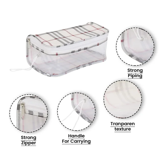 Set of 4 Multipurpose Transparent Travel Pouch Makeup Toiletry Kit Bag Pouch for Women Makeup Organizer Bag Vanity, Shaving Kit Toiletry Bag for Men -(White Checks -2) (Off White Checks )