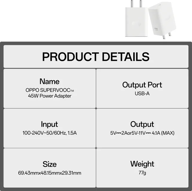OPPO 45 W SuperVOOC Single Port Mobile Charger with Detachable Cable (White) - WHITE