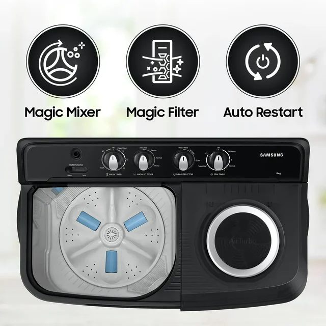 SAMSUNG Samsung 8 kg 5 Star, Air Turbo Drying Semi Automatic Top Load, Black Grey (WT80C4200GG/TL) - BLACK GREY