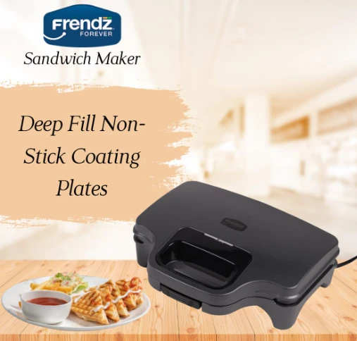 FRENDZ Sandwich Maker | Non-Stick Grilling Plates | 2-Slice Capacity | Easy-to-Use, Fast Heating & Compact Design for Quick Breakfast | 900W power bigger fill Design