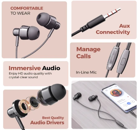 UBON B6 Wired in Ear Earphones with in-line Mic for Clear Calling, 10mm Dynamic Drivers for Boosted Bass, 3.5mm Jack, Multi-Functional Controller (Black)