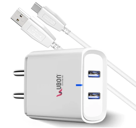UBON 15W CH-586 Dual USB Port 2.4 Amp Wall Charger Fast Charging Adapter with Type-C Cable for Smartphone & Tablets, BIS Certified, Smart Protection for Short Circuit & Overheating- White