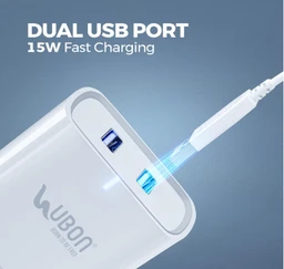 UBON 15W CH-586 Dual USB Port 2.4 Amp Wall Charger Fast Charging Adapter with Type-C Cable for Smartphone & Tablets, BIS Certified, Smart Protection for Short Circuit & Overheating- White